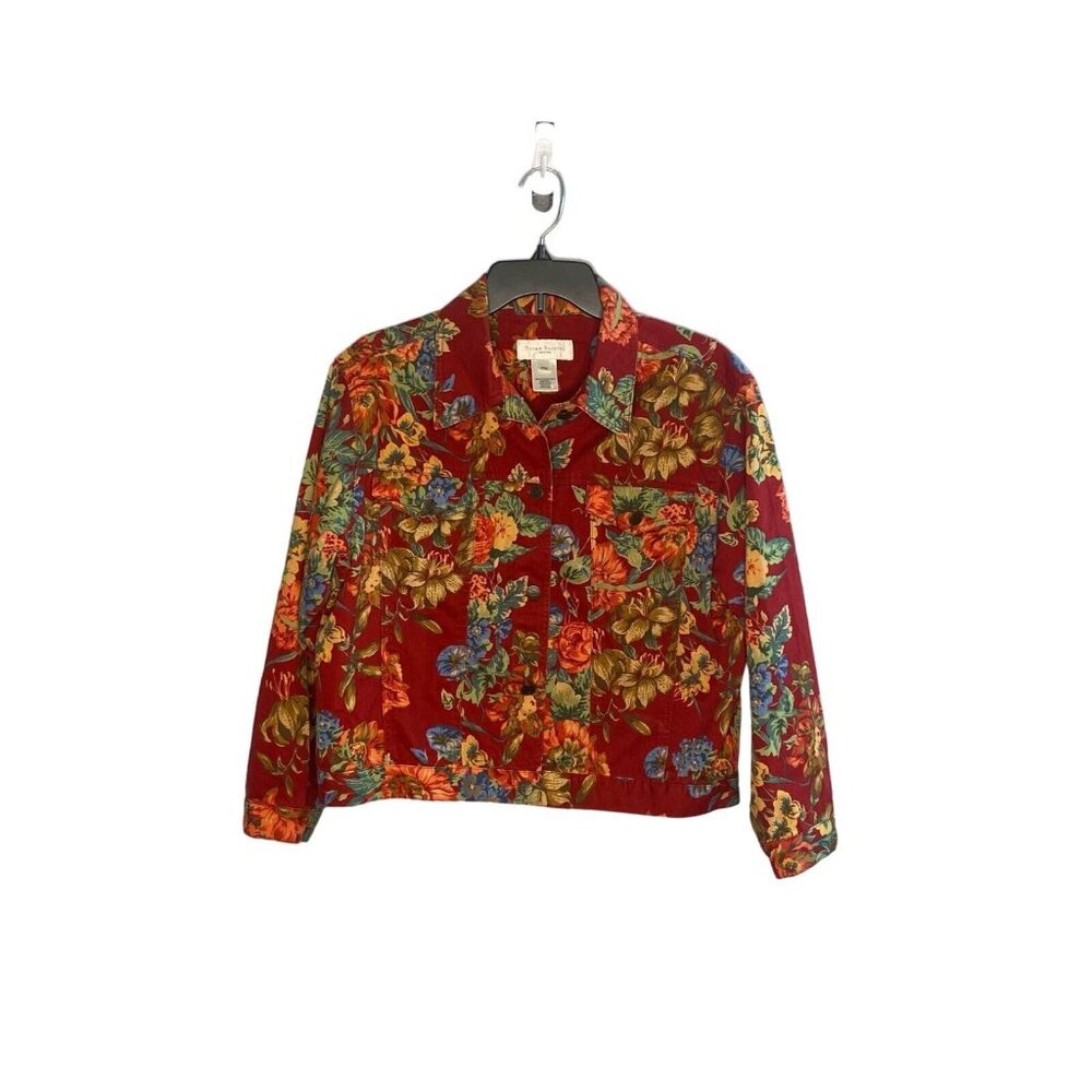 Vintage Susan Bristol Floral Denim Jacket Top Womens Size PM Button Up Pockets